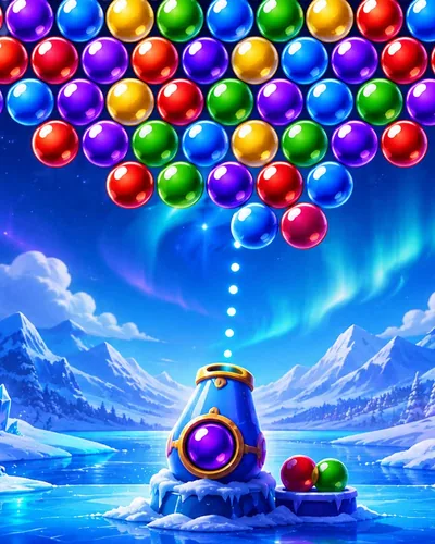 Bubble Burst key art: a cannon on an ice floe aims at a wall of colored bubbles under the northern lights.