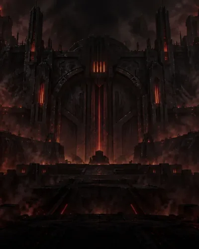 DAMN key art: a gothic hall of arches and pipes glowing red.