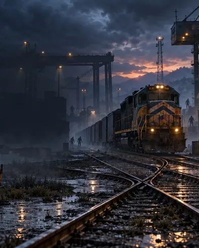 Dead Freight key art: a freight train in a rainy rail yard at night beneath cranes.