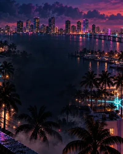 Dealer Wars key art: Miami in neon at dusk, palm trees along the water.