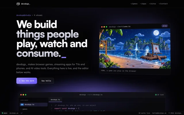 The devdogs.ai home page: "We build things people play, watch and consume." beside a window showing YUMA, with the code editor below.