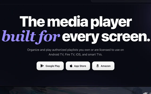 The lunova.app home page: "The media player built for every screen", with Google Play, App Store and Amazon buttons.