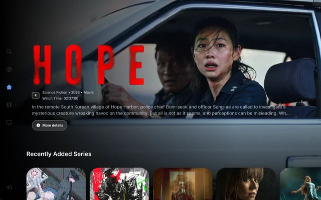 The Lunova Web Player home screen: the film Hope featured large, with a More details button, and a row of recently added series below.