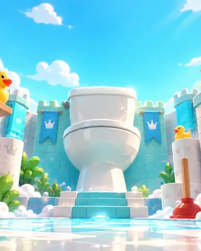 POOP! key art: a bright cartoon bathroom castle of toilets and rubber ducks beside a giant plunger.