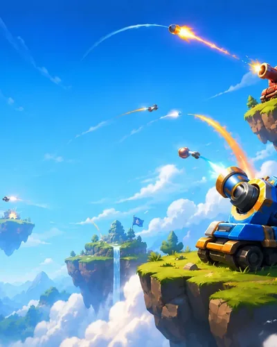 SkyShot key art: artillery rigs firing across floating grass islands in a blue sky.