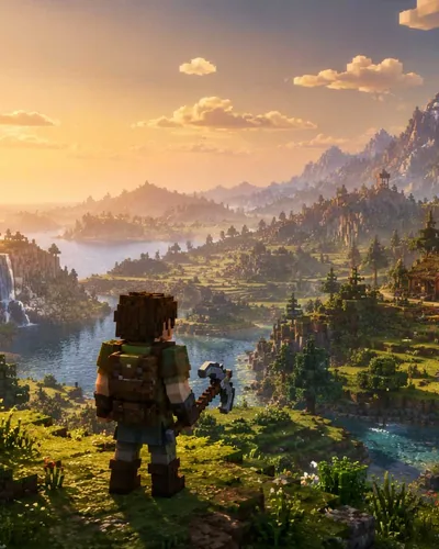 TerraFORGE key art: a blocky explorer with a pickaxe looks out over a valley at sunset.